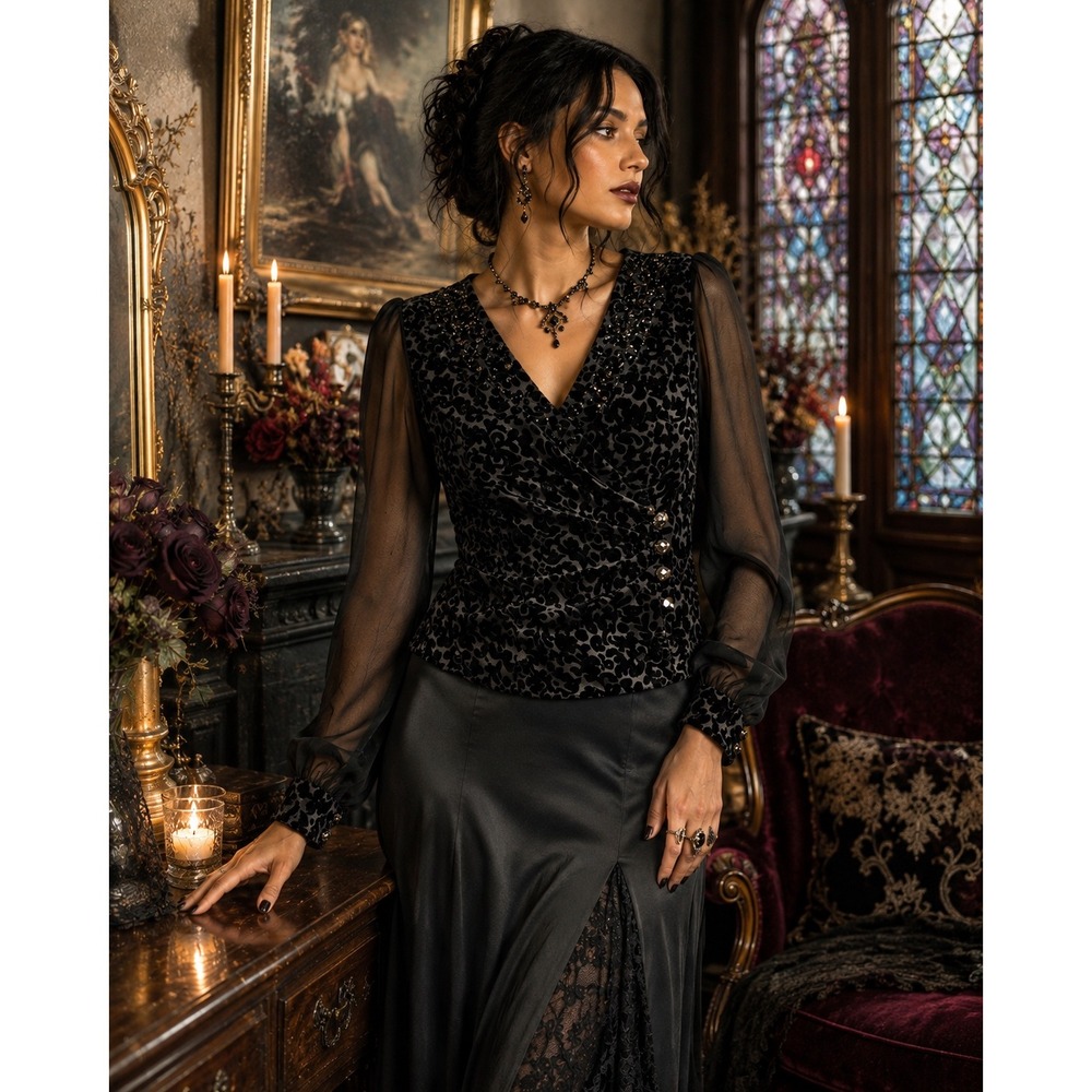 Black Burnout Velvet Top Whimsigoth Beaded Sheer Sleeve Gothic Blouse